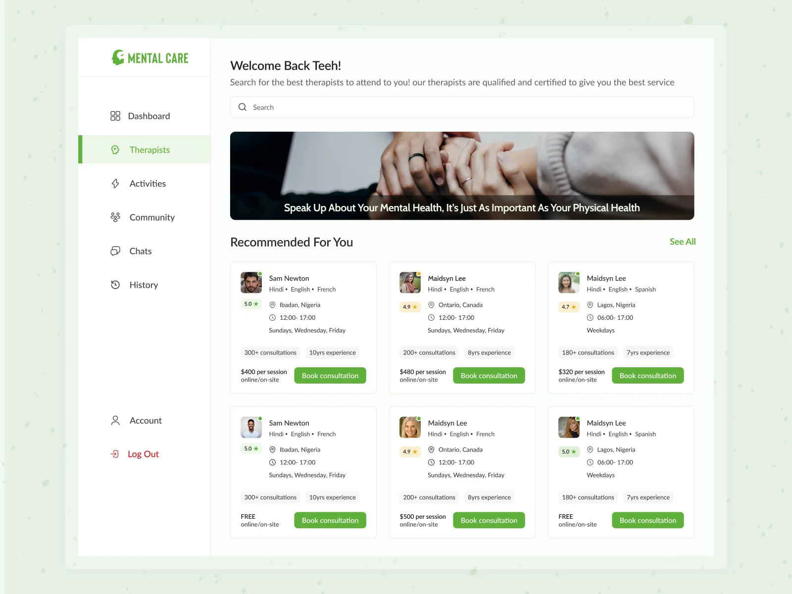 Mental Care Therapists Dashboard